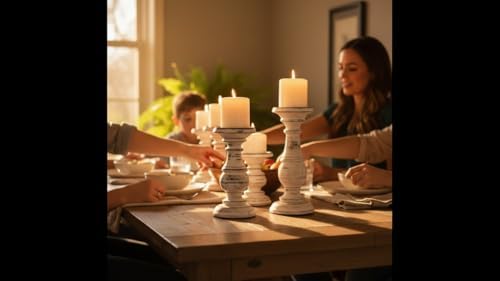 White Pillar Candle Holder Set of 3 - Farmhouse Wood Candle Stand, Mantle Decor Centerpieces for Fireplace, Living or Dining Room Table 6 X 8 X 10 Inch - Image 7