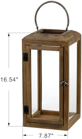 16" High Wooden Lantern Made of Solid Firwood in Handpainted Mediterranean Brown with Metal Handle,Hurricane Lantern, Farmhouse Lantern for Party, Deck, Front Porch (1, Brown, Large) - Image 2