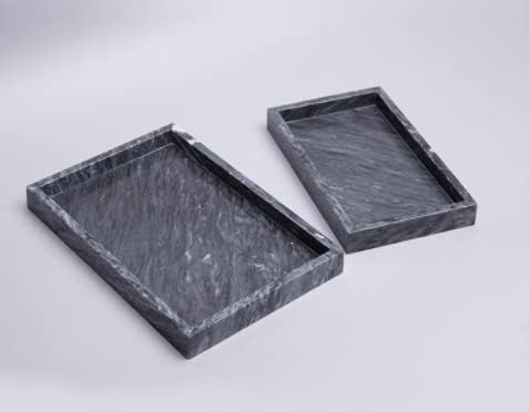 Black Marble Tray, Stone Bathroom Tray, Decorative Holder for Tissrue, Candle, Soap, Towel, Plant (Black - 12 x 8)