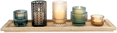 Bloomingville 5-Piece Embossed Glass and Metal Tealight Candle Holders in a Wood Tray, Multicolor - Image 6
