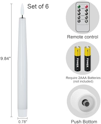 GenSwin LED Taper Candles with Remote Timer, White Flickering Flameless Taper Candles Battery Operated, Real Wax Flameless Candlesticks for Halloween Christmas Decorations(Set of 6, 0.78” x 9.84”) - Image 7