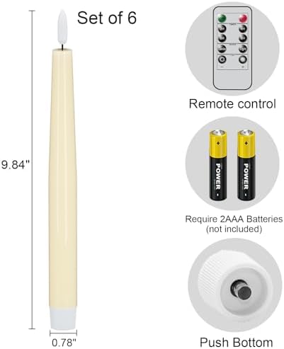 GenSwin Flameless Taper Candles with Remote, Ivory LED Taper Candles Battery Operated, Real Wax Flameless Candlesticks with 3D Wick for Home Halloween Christmas Decor(Set of 6, 0.78” x 9.84”) - Image 7