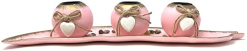 allgala Wooden Candle Holder Tray 3 Ball Orbs Set Tealight Candle Holder Centerpiece with Pebbles on Leaf Tray for Coffee Table Dining Table Accents Bowl for Living Room Décor-Pink-HD90407 - Image 3