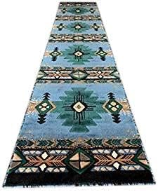 YHSF Southwest Native American Area Rug – Thick, Soft, Durable & Easy to Maintenance Tribal Design Boho Rug– Ideal for Bedroom, Living Room & Hallway - Blue-Green, 2 Feet 4 Inches x 10 Feet 11 Inches