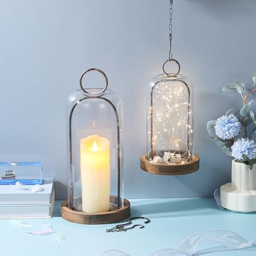 16" High Versatile Rustic Brown Metal Candle Holder with Handmade Sturdy Glass Dome And Shabb Brown Wooden Base for Pillar Candle & Plants, Industrial, Farmhouse, Shabby Chic, Display Cloche Bell Jars - Image 6