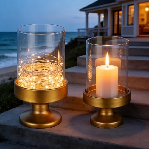 Set of 2 Glass Hurricane Candle Holders for Pillars with Metal Base in Antique Brass, Glass Candle Holder, Centerpiece, for Weddings, Dinner Parties, Dining Tables, Console Tables, Mantels - Image 4