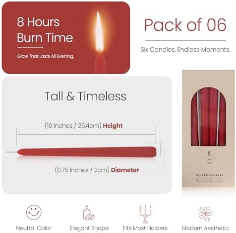 Tapered Dinner Candles, Pack of 6 – Soy & Paraffin Wax Blend, 10-Inch Dripless Taper Candles with 7-Hr. Clean Burn – Smokeless Unscented Tapers for Weddings, Dinner Tables & Home Decor – Red - Image 2