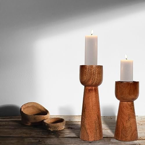 Perilla Home Wooden Pillar Candle Holders Set of 2 - Home Decor Candle Holder Centerpiece - for, Taper Candles, Dining Table Candle Holder Halloween, Home Decor, Candlesticks - Rustic Brown - Image 5