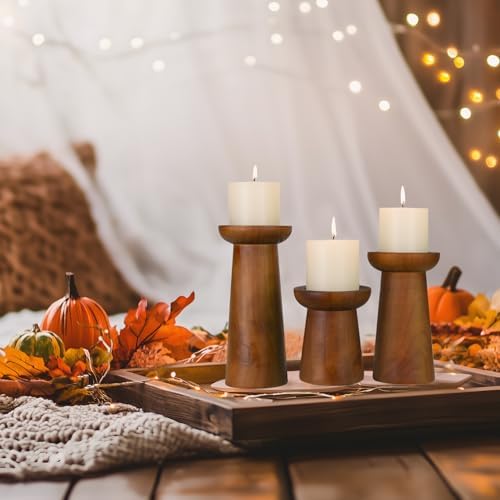 Pillar Candle Holders Set of 3, Wooden Candle Holders, Decorative Wood Candlestick Holders for Living Room, Table Centerpiece for Wedding, Christmas, Party, Home - 4", 6", 8" - Image 7