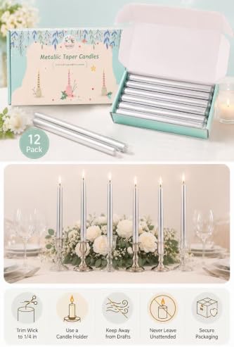 12 Pack Unscented Metallic Silver Taper Candles, Dripless Smokeless - Image 7