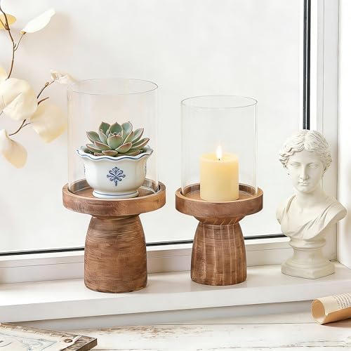 4" & 5" Glass Hurricane Candle Holders with Vintage Natural Solid Wooden Base in Set of 2, Decorative Centerpiece for Home, Coffee Table, Fireplace Mantel, Wedding, Modern Farmhouse Style - Image 5