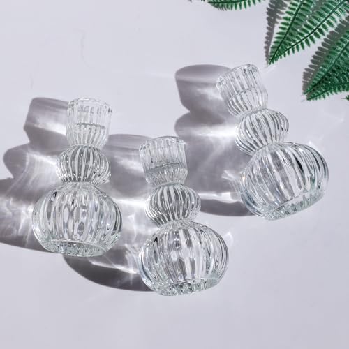 Woho 3pcs Clear Taper Candle Holders 4.3" H, Ribbed Candlestick Holders - Image 7