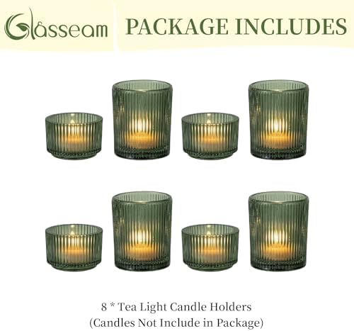 Glasseam Glass Votive Candle Holders: 8 Pcs Ribbed Green Tealight for Decor - Image 6