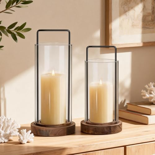 Houmury Farmhouse Candle Holder Decor Boho Glass Hurricane Lantern for Table Centerpieces Set of 2 Decorative Wood Metal Candle Holders for Living Room Dining Patio Home Decoration (Brown) - Image 6