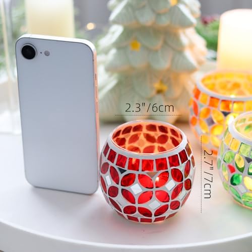 SHMILMH Mosaic Candle Holders Set of 4, Handmade Glass Tealight Votive Holders, Vibrant Red Yellow Blue Green for Diwali Christmas Wedding Party Decor, Year-Round Festive Centerpiece - Image 7