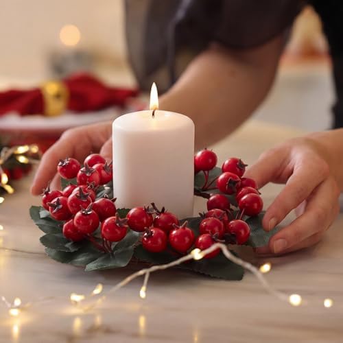 Daifunli 2 Pcs Christmas Red Berry with Leaf Candle Ring Artificial Berry Bell Wreaths for Pillar 3.25 Inch Candles Holder for Winter Christmas Country Wedding Kitchen Table Centerpiece Decor - Image 6
