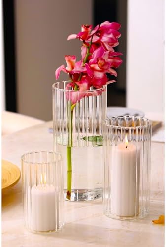 PHOSPHOR 6 PCS Ribbed Glass Candle Holder, Cylinder Candle Holders for Pillar Candles, Clear Glass Hurricane Candle Holders 6'', 8'', 10'' Glass Cylinder Centerpieces Vases - Image 7