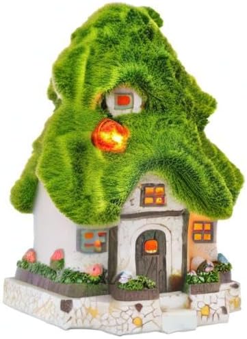 TERESA'S COLLECTIONS Flocked Garden Statue and Figurine Fairy House with Solar Outdoor Lights, Resin Garden Decor Outdoor Statues Garden Cottage Yard Decor Porch Lawn Ornaments Gifts for Mom, 7.4"