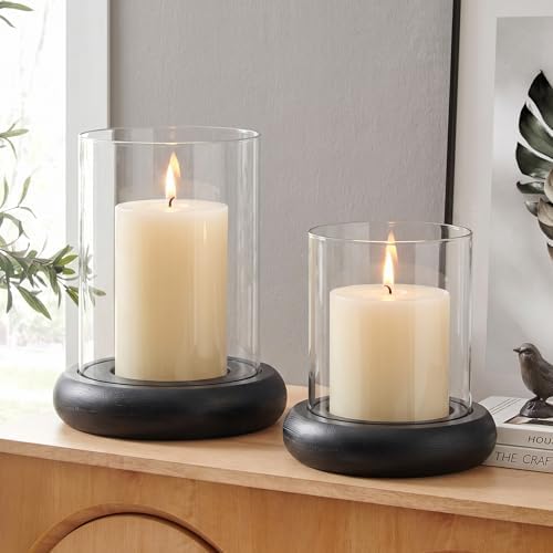 Set of 2 Black Hurricane Candle Holders with Wood Base, Modern Windproof Glass Cylinder Lantern, Farmhouse Pillar Candle Holder Decor for Table Centerpieces, Living Room, Patio & Kitchen Dining - Image 7
