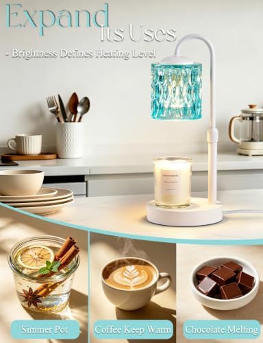 Briever Dimmable Candle Warmer Lamp with Timer, Height Adjustable Electric Candle Wax Warmer, Birthday Gifts for Women Mom, House Warming Gifts New Home Decor, Solid Wood Base, White Blue Glass - Image 6