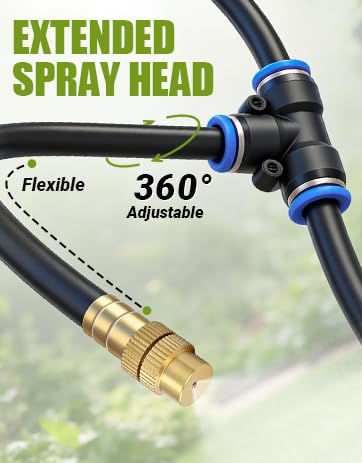 52FT 5/16" Misting Irrigation System for Garden with 20 Adjustable Nozzles | 360° Bendable Copper Nozzles, Quick Connect, Steady Flow, UV-Resistant PE Tubing & Accessories, Garden Beds& Greenhouse