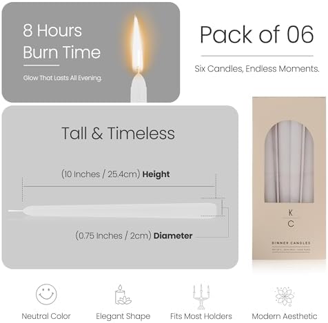 Tapered Dinner Candles, Pack of 6 – Soy & Paraffin Wax Blend, 10-Inch Dripless Taper Candles with 7-Hr. Clean Burn – Smokeless Unscented Tapers for Weddings, Dinner Tables & Home Decor – White - Image 2