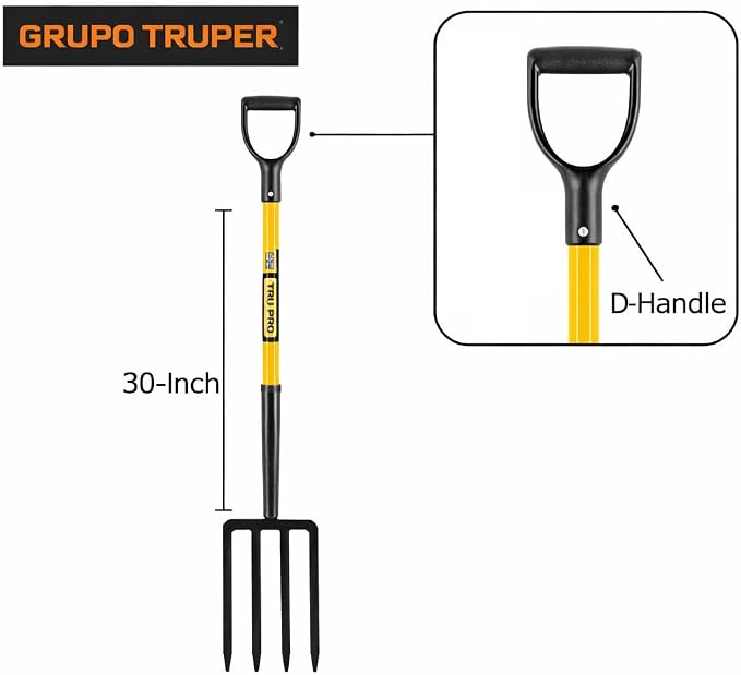 Truper Tru Pro 4-Tine Spading Fork, 30-Inch Heavy-Duty Fiberglass Handle with D-Grip, Professional Forged Steel Digging and Aerating Tool (Model BJ-4F / 30299)