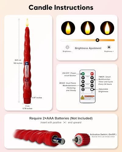 Red Spiral Flameless Taper Candles, 9.6 Inch Real Wax Natural Warm Glow Led Taper Candles with Remote Timer, 6 Pcs Battery Operated Tapered Candlesticks for Christmas, Child and Pet Friendly - Image 7
