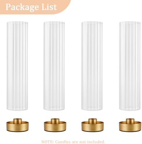 Hurricane Candle Holders Golden Taper Candle Sticks Holder, with 11" Thickened Glass Cylinder Covers Ribbed Candlesticks Holders Bulk Set of 4, Dining Table Centerpiece for Wedding - Image 7