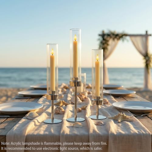 Metal & Acrylic Taper Candle Holders with Ribbed Design - Hurricane Clear Cylinder Candelabra for Wedding, Christmas, Party, Dining Table Centerpiece Decor (Silver, Set of 6) - Image 7