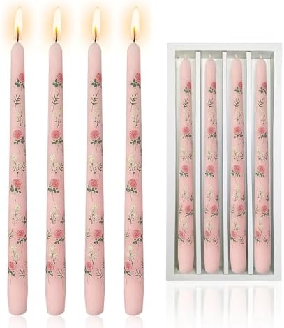 NJAO HOO Flower Candlesticks 10 in Straight Taper Candles Hand Printing Colored Pink Candlesticks Floral Tall Tapered Candle for Spring Home Garden Decor Simple Modern, 4Pcs - Image 7