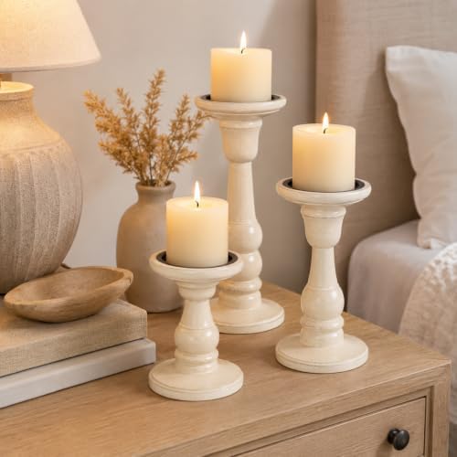 Wooden Pillar Candle Holders, White Antique, 10/8/6", Set of 3 - Image 6