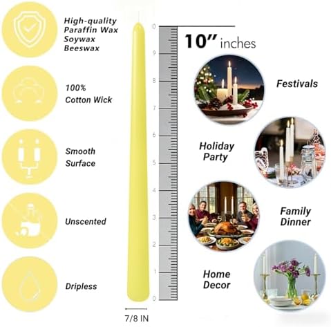 12-Pack Yellow Taper Candles, 10 Inch Unscented Dripless Candlesticks, Long-Lasting Burn Time of 7-8 Hours, Perfect for Home Décor, Weddings, and Events - Image 7