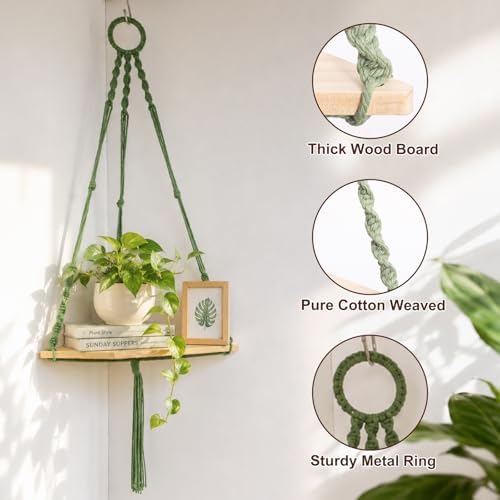 Artilady Macrame Corner Shelf Wall Hanging, Adjust Green Boho Wall Decor - Image 6