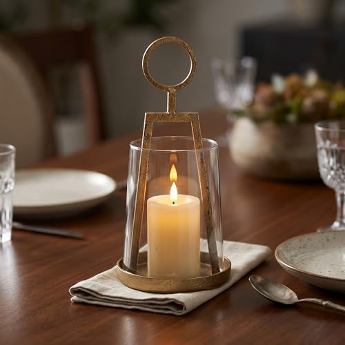 Small Farmhouse Hurricane Candle Holder (4.3" W x 9.2" H), Antique Brass - Image 7
