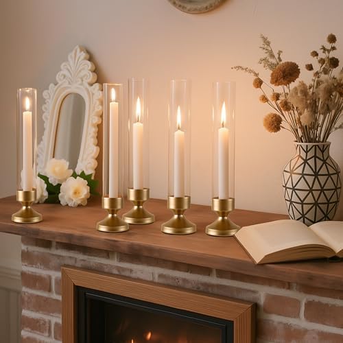 Hurricane Glass Candle Holders, Set of 10 Metal Taper Candlesrick Holders for Centerpieces Tall Gold Candle Stands Bulk with Glass Cylinder for Wedding Birthday Party Table Decor - Image 7