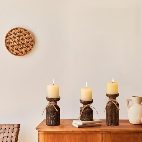 Farmhouse Wooden Candle Holders for Pillar Candles, Brown Distressed Set of 3 Rustic Wood Pillar Wood Candle Stands with Hemp Rope Bow Table Centerpiece Decor for Fireplace, Living, and Dining Room - Image 6