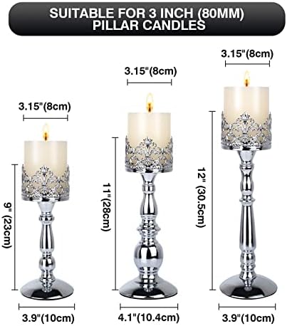 Candle Holders for Pillar Candles Set of 3 Silver Vintage Tall Candle Holders Decorative Large Table Centerpieces Candle Stand Decor - Image 6