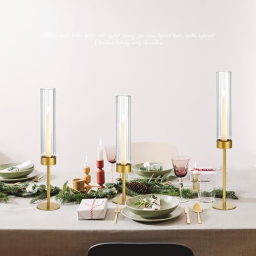 Set of 6 Ribbed Glass Hurricane Candle Holders Gold Metal Base - Image 7