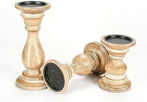 Homebia Design Wooden Pillar Candle Holder Set of 3 – 10, 8, 6"–White Wash - Image 7