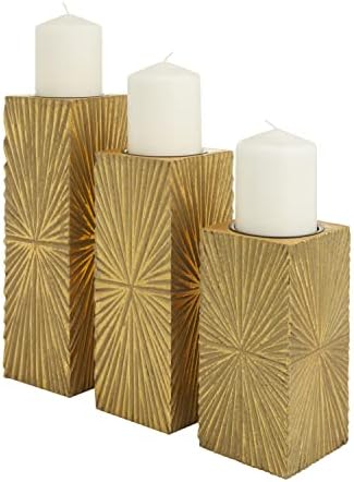 CosmoLiving by Cosmopolitan Wood Geometric Carved Pillar Candle Holder, Set of 3 12", 10", 8"H, Gold - Image 7