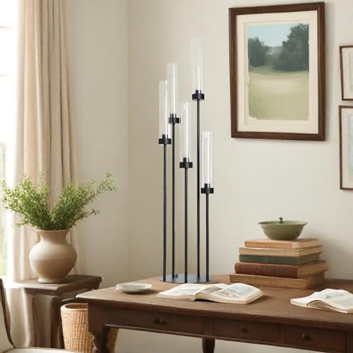 39.8''Matte Black Candle Holder with Acrylic Shades Tall 5 Arm Candelabra Black Table Centerpiece for Wedding Living Dining Room Fireplace Decoration Fit 0.98''LED Taper Candle - Image 6