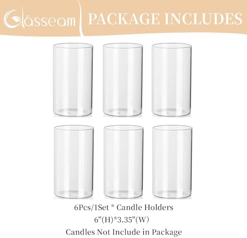 Glasseam Hurricane Glass Candle Holder Set of 6, Cylinder Clear Candle Holders for Pillar Candles, Modern Cylinder Vases for Floating Candles, Vases for Centerpiece Wedding Table Decorations, 6inch - Image 6