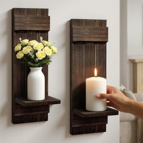 Wall Candle Holders Set of 2, Farmhouse Dark Brown Wood Sconces, 15.7"x5" - Image 6