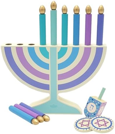 Mini Pastel Hanukkah Menorah, 4-Pack 5" Inch Children Wooden Chanukah Menorah Set with Removable Wooden Candles, 3" Inch Dreidel, and Gelt Coins - Image 7