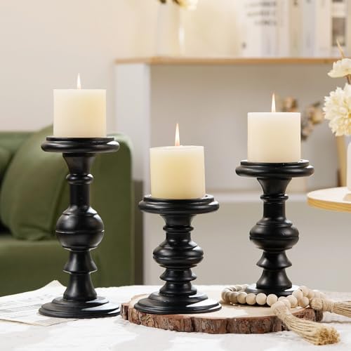 Set of 3 Rustic Black Wood Pillar Candle Holder - Image 7