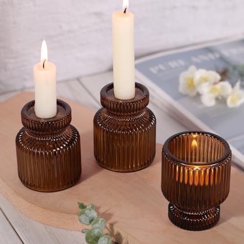 DARJEN 6 Pcs Amber Candlestick Holders - Glass Taper Candle Holders Tealight Votive Candle Holders for Table Centerpieces, Wedding, Dinner Party, Home, Gifts - Image 6