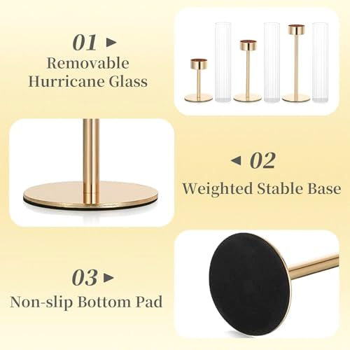 Hewory Gold Taper Candle Holders: Candlestick Holders Set of 3 Hurricane Glass Tall Candle Holder for Candlesticks Candle Sticks Holder Decor for Table Centerpiece Wedding Party Christmas Decorations - Image 6