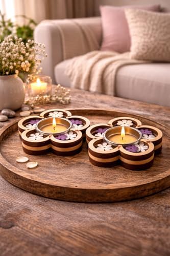 Wooden Tea Light Holder Set of 2 – Decorative Candle Tray, for Mom, Romantic Spa Décor, Home Candle Holder (Flower – Floral Serenity) - Image 7