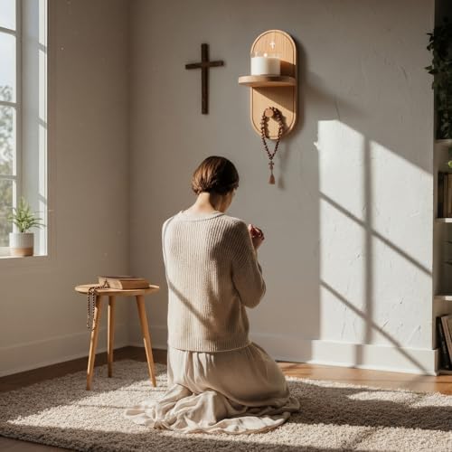 Yinkin Wooden Christian Rosary Prayer Shelf with Candle Holder Catholic - Image 6